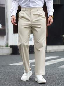Manfinity Mode Men's Solid Color Pocket Casual Versatile Commute Suit Pants - Beige - View 7