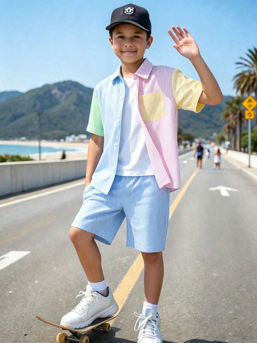 Vacaura 2pcs Boys'light Blue Striped Summer Casual Vacation Set,Macaroon Patchwork Textured Striped Collar Pocket Shirt Paired With Solid Shorts,For School - Blue - View 1