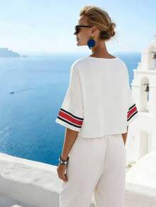 SHEIN Holidaya Áo kiểu Pháp dệt kim, phong cách nghỉ dưỡng, cổ chữ V, in họa tiết, dáng rộng, thích hợp đi biển, áo nữ mới. - Nhiều màu - Xem 3