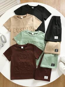 SHEIN 8件套男童舒适休闲日常百搭压纹字母短袖T恤短裤套装，适合春夏季节日常穿着、运动、郊游、上学、聚会、节日、拍照、返校季等场合。 - 彩色 - 查看 2