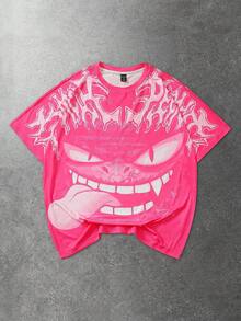 ROMWE MEN Anime Men's Minimalist Printed Round Neck Short Sleeve T-Shirt - Pink - View 5