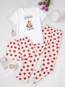 Cotton Line Women Casual Gelato Pattern Round Neck Short Sleeve Top& Strawberry Printed Comfy Shorts And Long Length Pants - Red - View 1