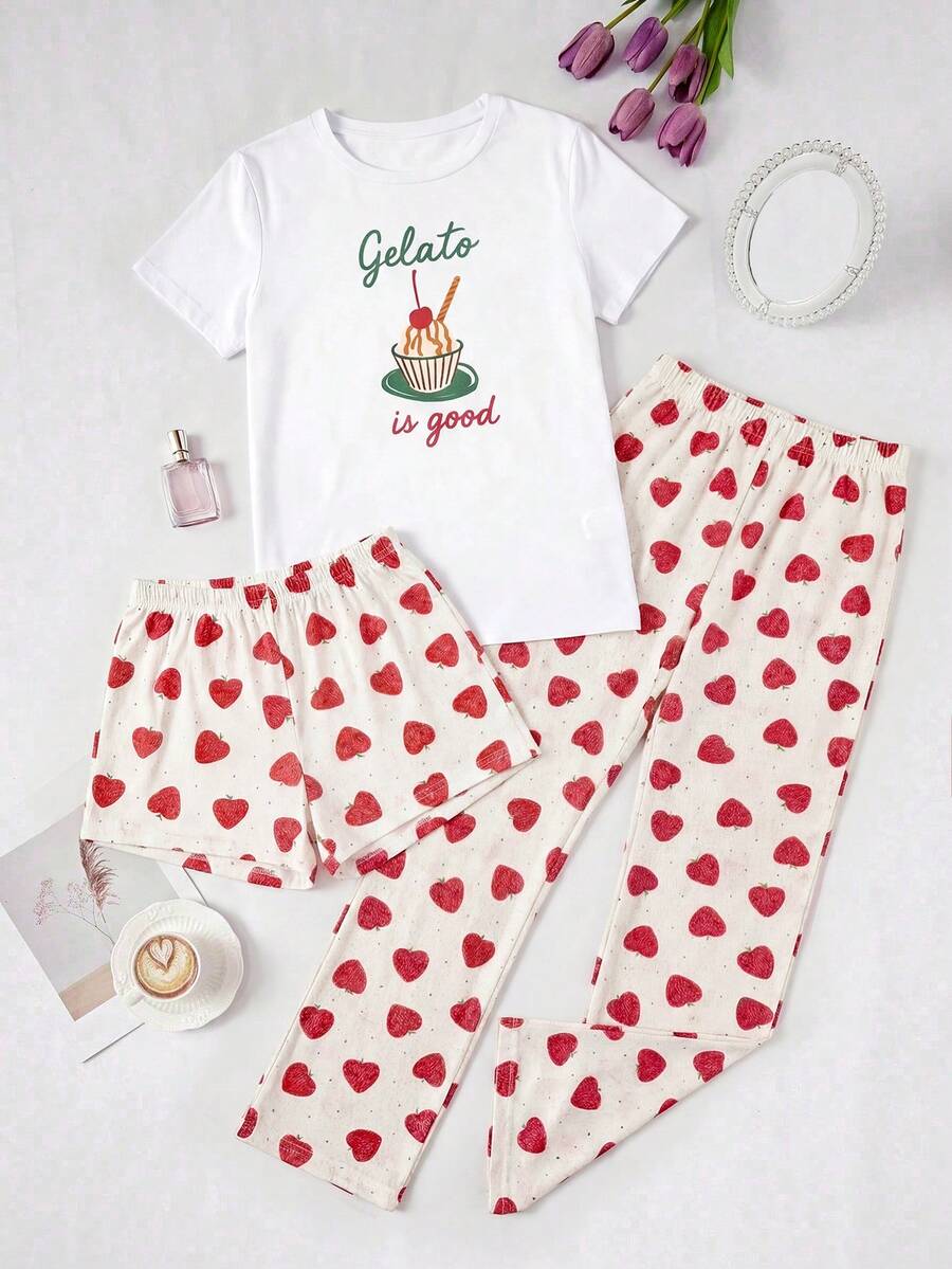 Cotton Line Women Casual Gelato Pattern Round Neck Short Sleeve Top& Strawberry Printed Comfy Shorts And Long Length Pants - Red - View 1