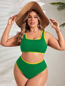 Swim Lushoire Plus Size Summer Vacation Beach Ribbed Bikini Set - Green - View 4