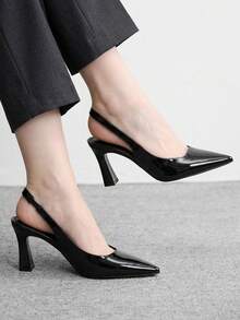 CUCCOO BIZCHIC 女士高跟鞋 春夏新款约会百搭尖头粗跟8厘米气质优雅亮面PU纯色低帮后跟带工作日常购物派对舒适增高 - 黑色 - 查看 1