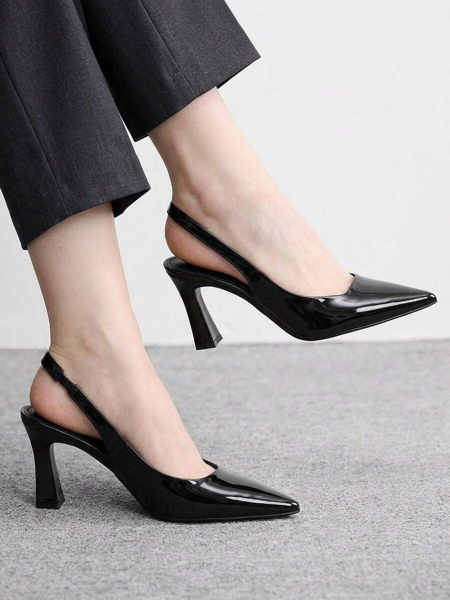 CUCCOO BIZCHIC 女士高跟鞋 春夏新款约会百搭尖头粗跟8厘米气质优雅亮面PU纯色低帮后跟带工作日常购物派对舒适增高 - 黑色 - 查看 1