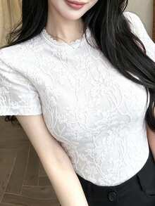 DAZY 白色碎花蕾丝短款上衣，适合婚礼、派对、音乐节等场合，修身短袖T恤，春夏款 - 白色 - 查看 2