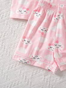 Young Girl's Spring/Summer Pink Cloud Print Pajama Shorts Set,Fairy Cardigan Top & Shorts Homewear,Soft Breathable Fabric,Family Matching,Holiday - Multicolor - View 6