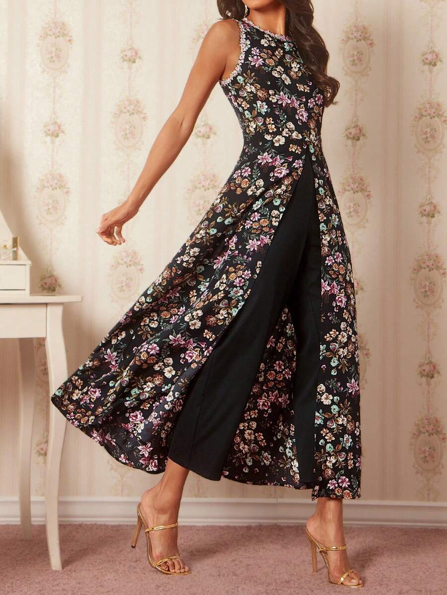 Amorya Bộ jumpsuit không tay xẻ cao, in hoa thanh lịch dành cho nữ mùa hè, cổ áo cài khuy, phối hoa, thích hợp cho mùa thu/đông, trang phục nữ đi học, kiểu cổ điển kín đáo, trang phục giáo viên sang trọng, trang phục mùa hè đi sân bay, váy dự tiệc cưới. - Nhiều màu - Xem 1