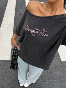 SHEIN Muchic 女士时尚百搭字母刺绣斜肩休闲短袖T恤 - 深灰色 - 查看 6