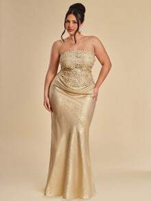 SHEIN BAE Đầm dự tiệc dáng đuôi cá thanh lịch dành cho phụ nữ cỡ lớn - Vàng - Xem 4