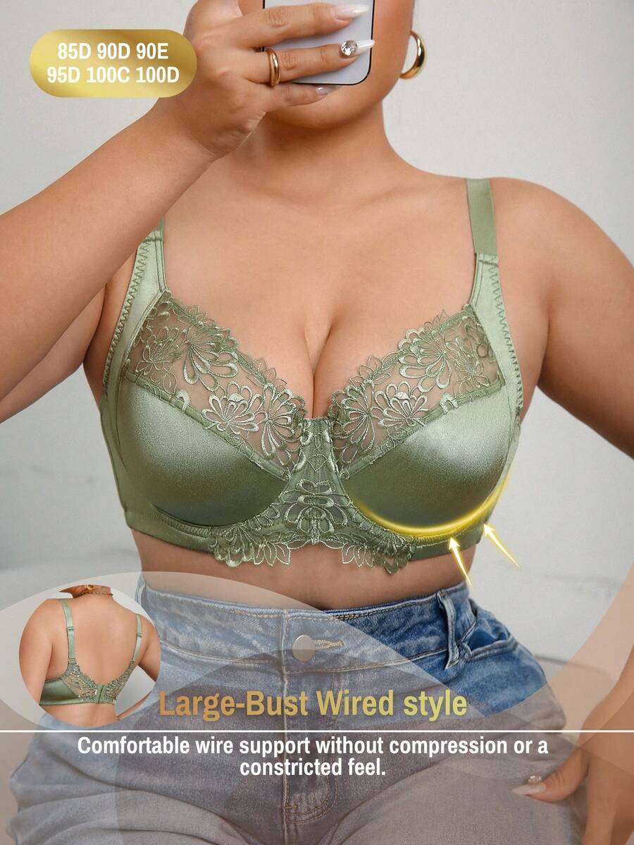 DesireSculpt 1pc Plus Size Solid Color Ultrafine Mesh Lace Soft Embroidered Underwire Bra - Olive Green - View 1