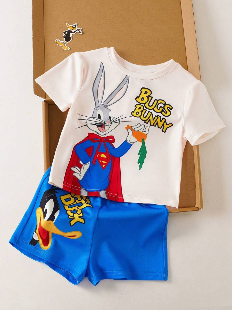 LOONEY TUNES X SHEIN Baby Boy Cartoon Print T-Shirt And Shorts Set - Apricot - View 1