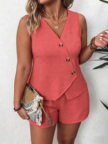 EMERY ROSE Plus Size Woven Casual Resort Summer Women's Two Pieces Set - Watermelon Pink - View 5
