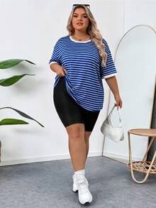 SHEIN CURVE+ 大码女式圆领条纹休闲百搭日常短袖T恤 - 寶藍色 - 查看 4