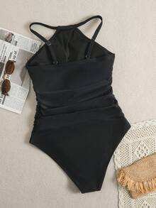 Swim Basics Đồ bơi một mảnh dây chéo cho nữ, màu đen, thắt eo, mặc đi biển thường ngày mùa hè - màu đen - Xem 5