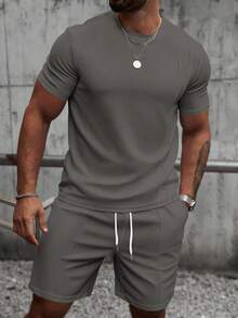 Manfinity Homme Men's Summer Basic Solid Color Knitted Casual Round Neck Short Sleeve Two Pieces Suit, Suitable For Daily Wear, Gifts Husband And Boyfriend - Dark Grey - View 6