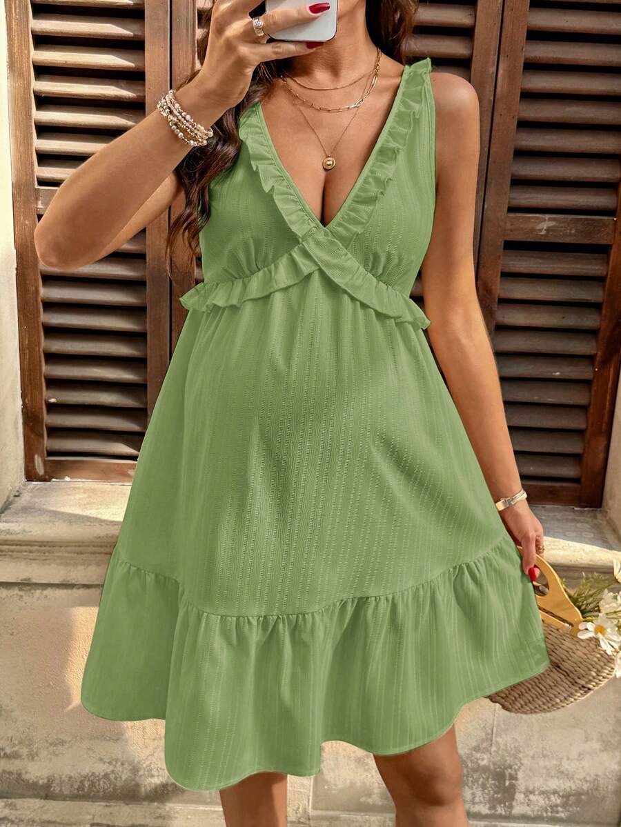 SHEIN Maternity Solid Color Minimalist Sleeveless Casual Dress - Green - View 1