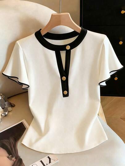 SHEIN Franclia Contrast Trim Hollow Out Round Neck Elegant Short Sleeve T-Shirt, Summer