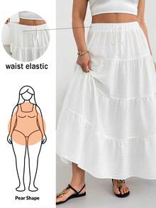 SHEIN Essnce Plus-Size Women's Summer White Long Skirt,Boho Holiday Basic Casual Loose Elastic Waist Textured Fabric,Curve Skirt,Vacation Outfits,Country Style - White - View 2