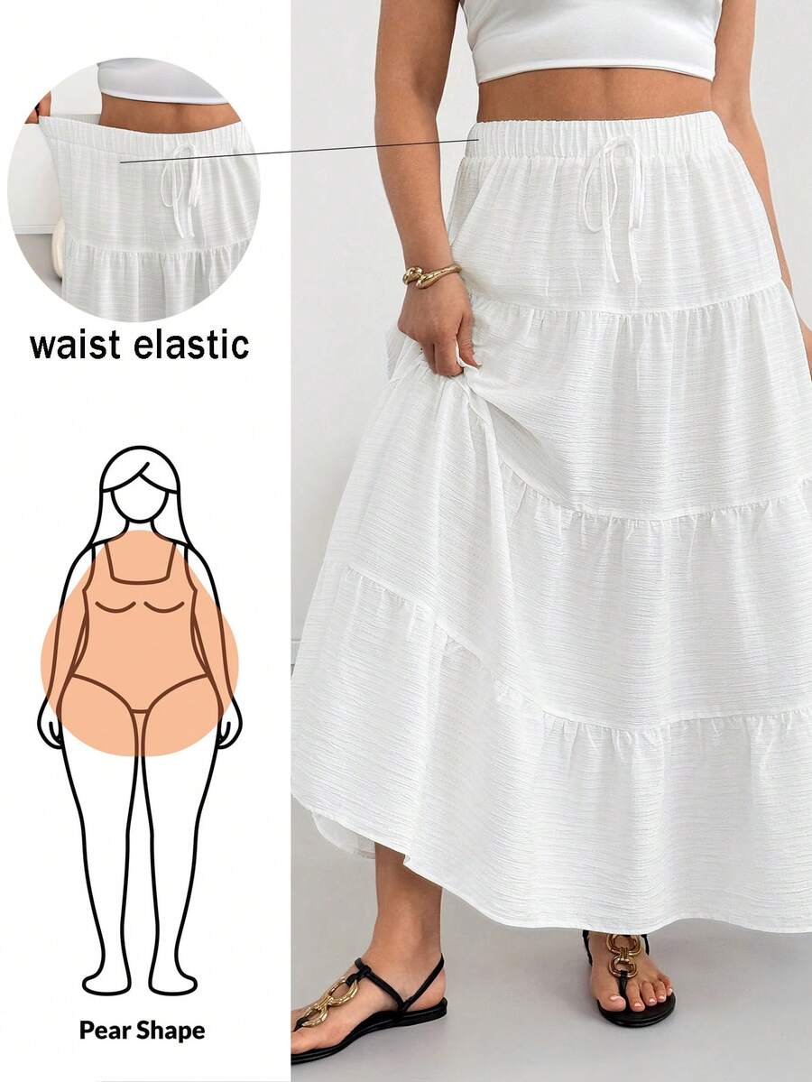 SHEIN Essnce Plus-Size Women's Summer White Long Skirt,Boho Holiday Basic Casual Loose Elastic Waist Textured Fabric,Curve Skirt,Vacation Outfits,Country Style