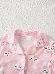 Young Girl's Spring/Summer Pink Cloud Print Pajama Shorts Set,Fairy Cardigan Top & Shorts Homewear,Soft Breathable Fabric,Family Matching,Holiday - Multicolor - View 5