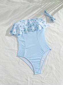 Swim Mod 女士夏季沙滩简约休闲百搭法式复古少女风碎花双层荷叶边+蓝白竖条纹撞色设计显瘦连体泳衣，完美打造海边度假风。荷叶边连体泳衣。条纹泳装。收腹泳装。碎花泳装 - 彩色 - 查看 5