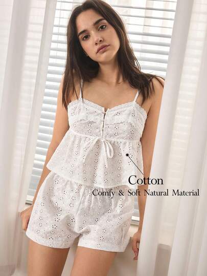 Ocili Bộ đồ ngủ nữ gồm áo hai dây và quần short cotton thoải mái, quần dài mềm mại tối giản với dây rút và viền ren hoa thêu.
