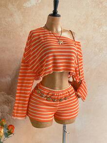 Soleia Women's Striped Asymmetrical Shoulder Long Sleeve Top And Shorts Casual 2-Piece Set - Multicolor - View 4