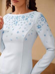 ZEYLAH Off Shoulder Long Sleeve Beaded Fishtail Dress, Spring/Summer - Sky Blue - View 2