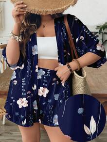 SHEIN VCAY Casual Minimalist Vintage Leaf Pattern Loose Plus Size 2 Pieces Set, Suitable For Summer - Navy Blue - View 4