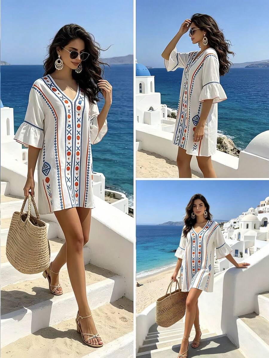 SHEIN Holidaya Vestido corto en V con patrón geométrico y estilo bohemio en beige - Beis - Ver 1