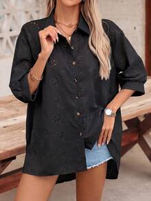 SHEIN VCAY Blusa informal de mujer con manga abullonada y bordado, de abotonadura simple - Negro - Ver 5