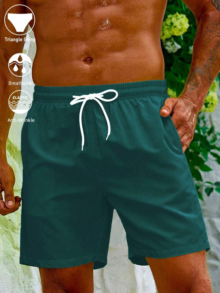 Manfinity KASUA Pantalones cortos de playa para hombre de unicolor simple con cintura con cordón y bolsillos inclinados, adecuados para vacaciones de verano y días festivos - Verde Oliva - Ver 1