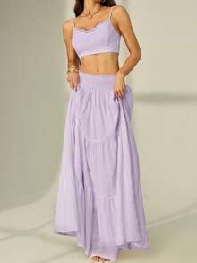 SHEIN Tall Women's Solid Color Shirred Waist Ruffled Hem Skirt, Tall Beach Lavender Summer Boho - Mauve Purple - View 7