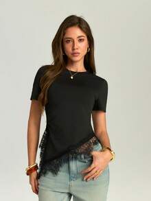 Firerie Áo thun nữ thanh lịch phong cách casual đi chơi, đi làm, đi tiệc tối, dáng ôm, màu đen, tay ngắn, chiết eo, vạt lệch phối ren, phù hợp đi du lịch, đi biển, mặc ngày lễ, áo blouse nữ mới cho mùa hè - màu đen - Xem 1