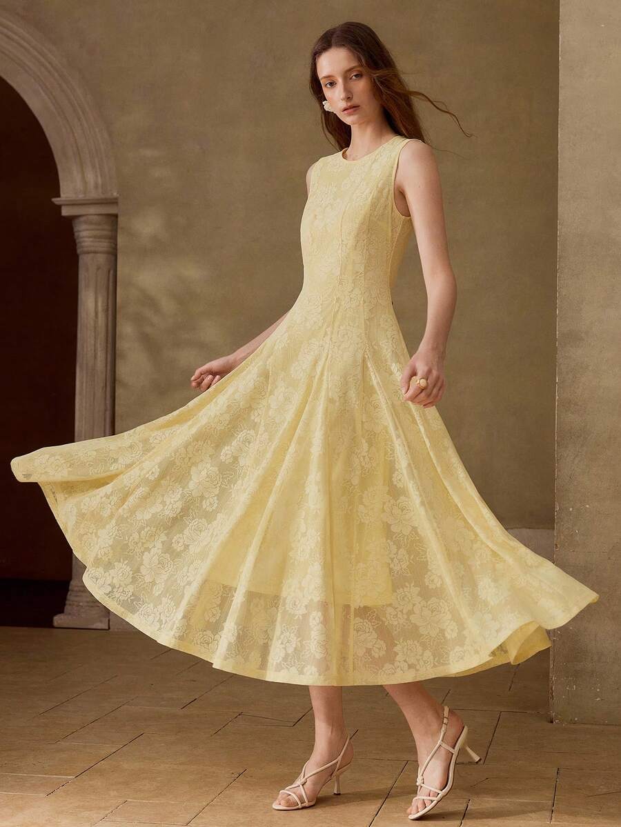 MOTF PREMIUM SUMMER ELEGANT ROUND NECK LACE A-LINE HOLLOW CINCHED WAIST ROMANTIC WOMEN DRESS - Yellow - View 1