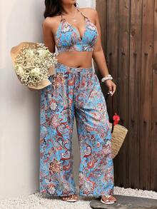 Sunnyshic Plus Size Summer Vacation Retro Floral Print Camisole And Wide Leg Pants 2 Pieces Set - Multicolor - View 3