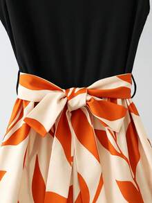 Franclia Mono de pierna ancha sin mangas con estampado botánico de patchwork y cinturón, estilo casual de vacaciones para mujer en primavera/verano - Naranja - Ver 4