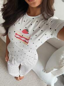 DAZY Women's Comfortable Polka Dot & Strawberry Cake Print Short Sleeve T-Shirt And Pants Pajama Set, Summer - White - View 6