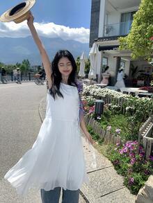 DAZY 纯色宽松网纱拼接吊带中长连衣裙，女士休闲夏季度假连衣裙，女士太阳裙 - 白色 - 查看 5
