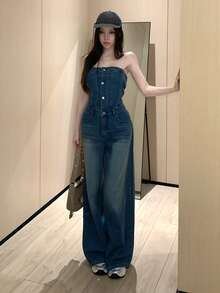 DAZY Bộ áo liền quần denim nữ kiểu dáng thường ngày, có túi và cúc, thích hợp mặc hàng ngày. - Rửa trung bình - Xem 9