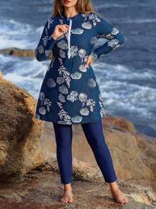 Swim Mulvari 大码印花长袖上衣和纯色裤子比基尼套装 - 彩色 - 查看 4