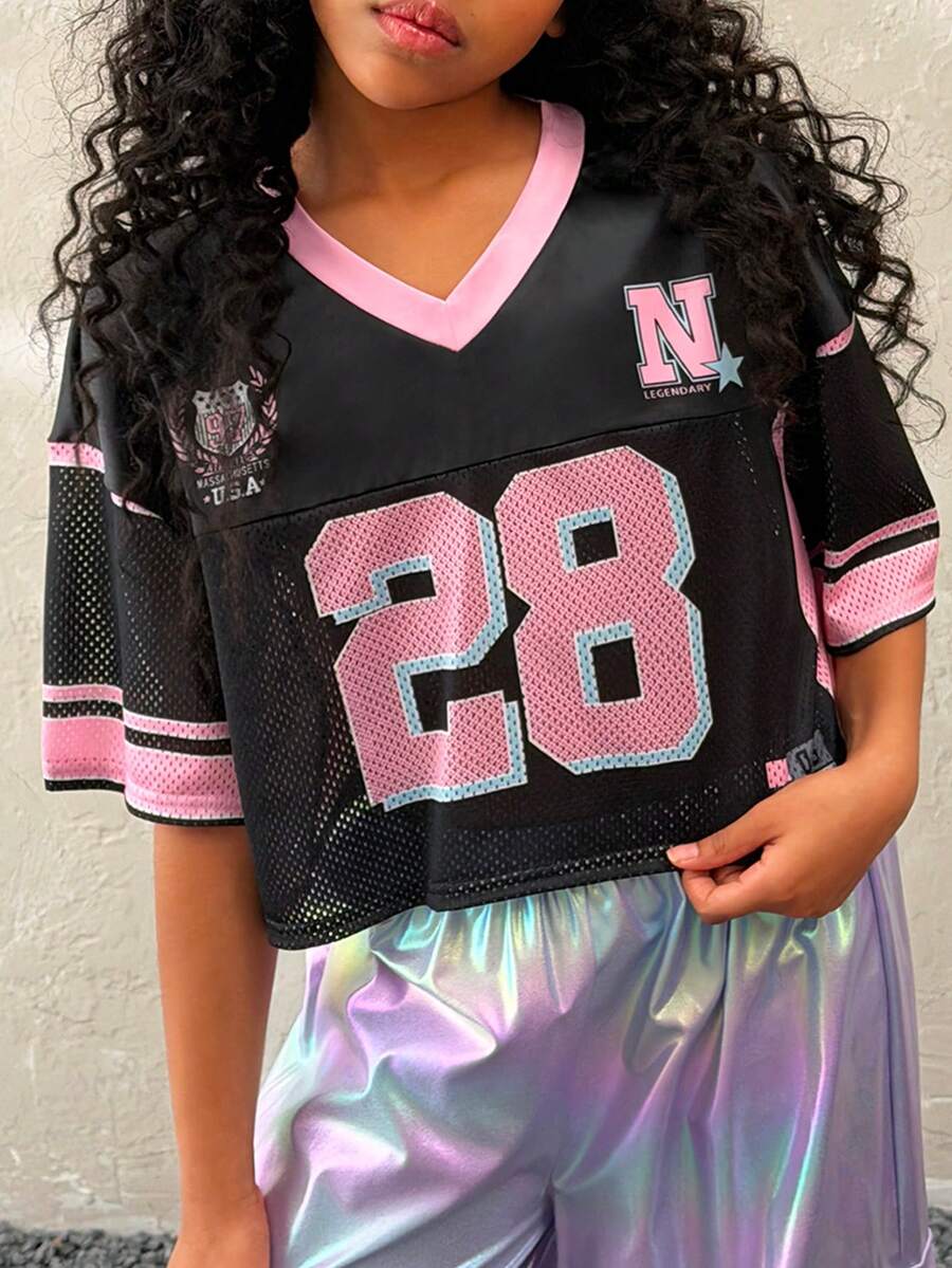 Coolane Kids Tween Girls Spring/Summer V-Neck Mesh Fabric Letter & Number Print Loose Cropped T-Shirt - Black - View 1
