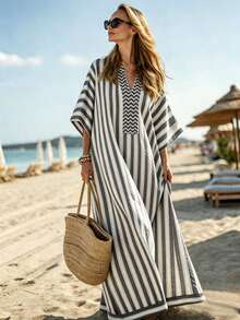 SHEIN Holidaya Đầm dài tay vai, họa tiết sọc xanh trắng, dáng chữ A dành cho nữ, thích hợp cho kỳ nghỉ, dã ngoại, đi biển, hẹn hò, đi làm, công sở và các dịp khác. - Nhiều màu - Xem 1