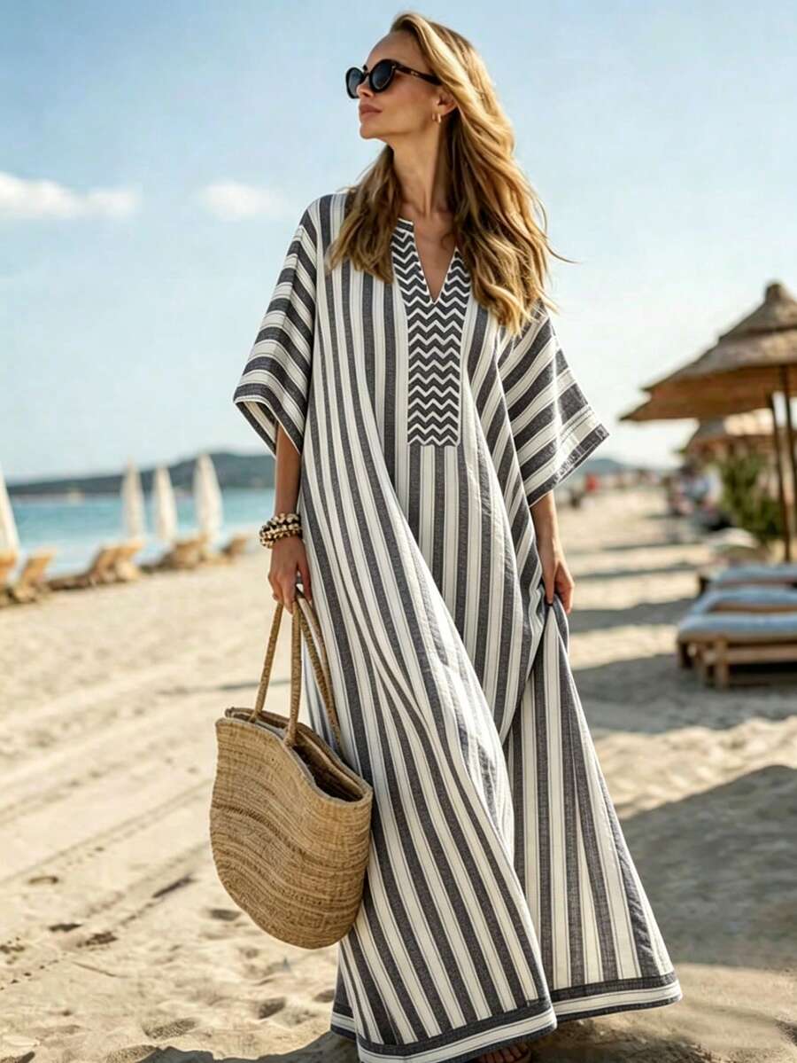 SHEIN Holidaya Đầm dài tay vai, họa tiết sọc xanh trắng, dáng chữ A dành cho nữ, thích hợp cho kỳ nghỉ, dã ngoại, đi biển, hẹn hò, đi làm, công sở và các dịp khác. - Nhiều màu - Xem 1