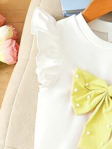 Elladie kids 4-7岁女童两件套：可爱蝴蝶结装饰串珠短袖上衣和松紧腰串珠开衩短裤，适合日常生活、派对和其他场合。 - 黃色 - 查看 6