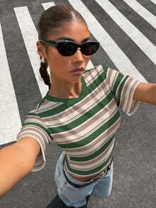 Muchica 女士休闲蝙蝠袖紧身T恤，女士夏季服装，美式复古条纹，女士夏季服饰 - 彩色 - 查看 4