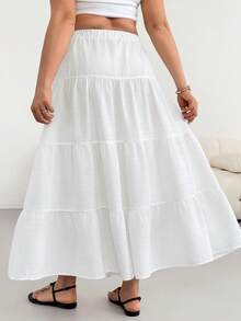 SHEIN Essnce Plus-Size Women's Summer White Long Skirt,Boho Holiday Basic Casual Loose Elastic Waist Textured Fabric,Curve Skirt,Vacation Outfits,Country Style - White - View 3