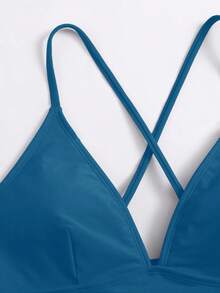 Swim Basics 女士简约纯色交叉露背泳衣上装，夏季 - 水鴨藍 - 查看 4